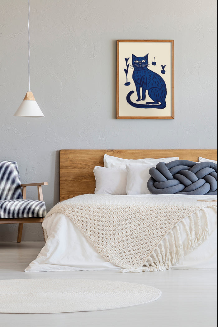 Modern bedroom interior with blue cat art poster wall decor