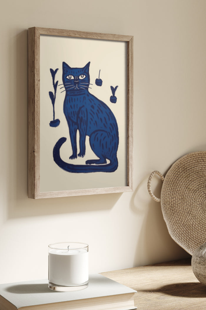 Stylized blue cat illustration poster framed on wall with decorative elements