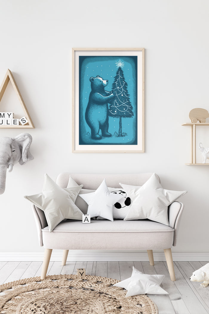Blue Christmas Poster Featuring a Bear Decorating a Christmas Tree in a Cozy Room Setting