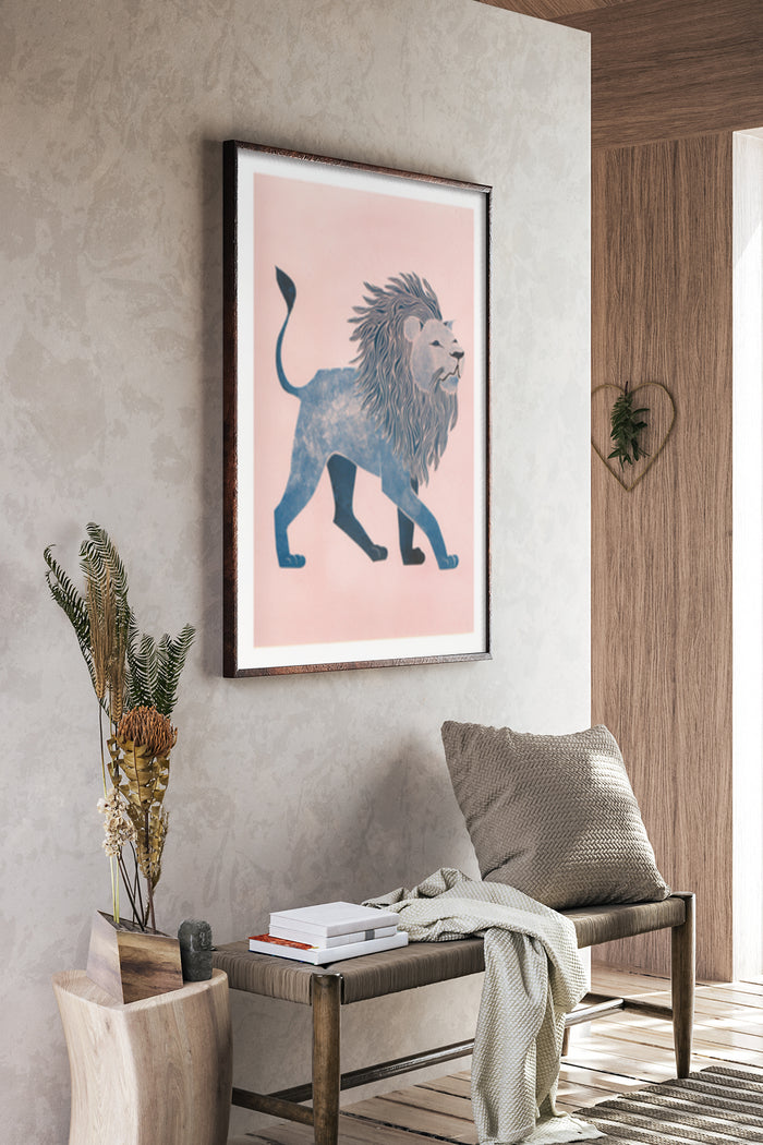 Contemporary blue lion artwork poster framed in a stylish home decor setting