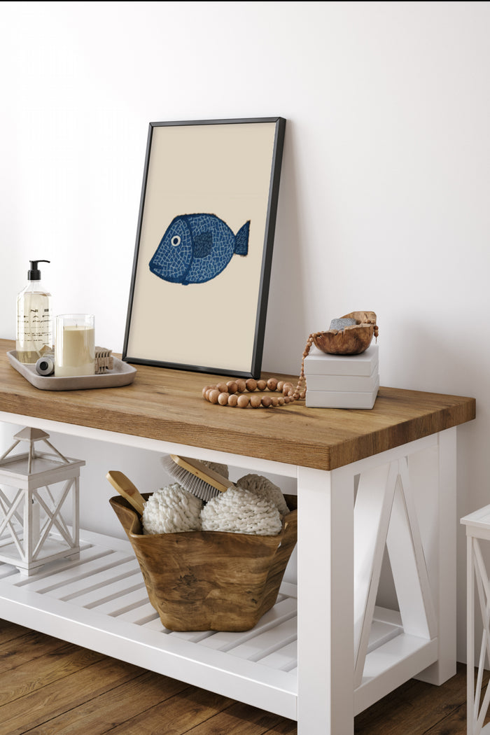 Stylish blue patterned fish poster art framed in a contemporary home decor environment