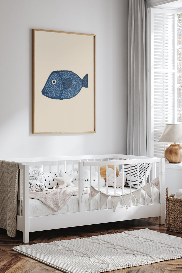 Modern blue patterned fish artwork in wooden frame displayed above a white crib in a nursery room