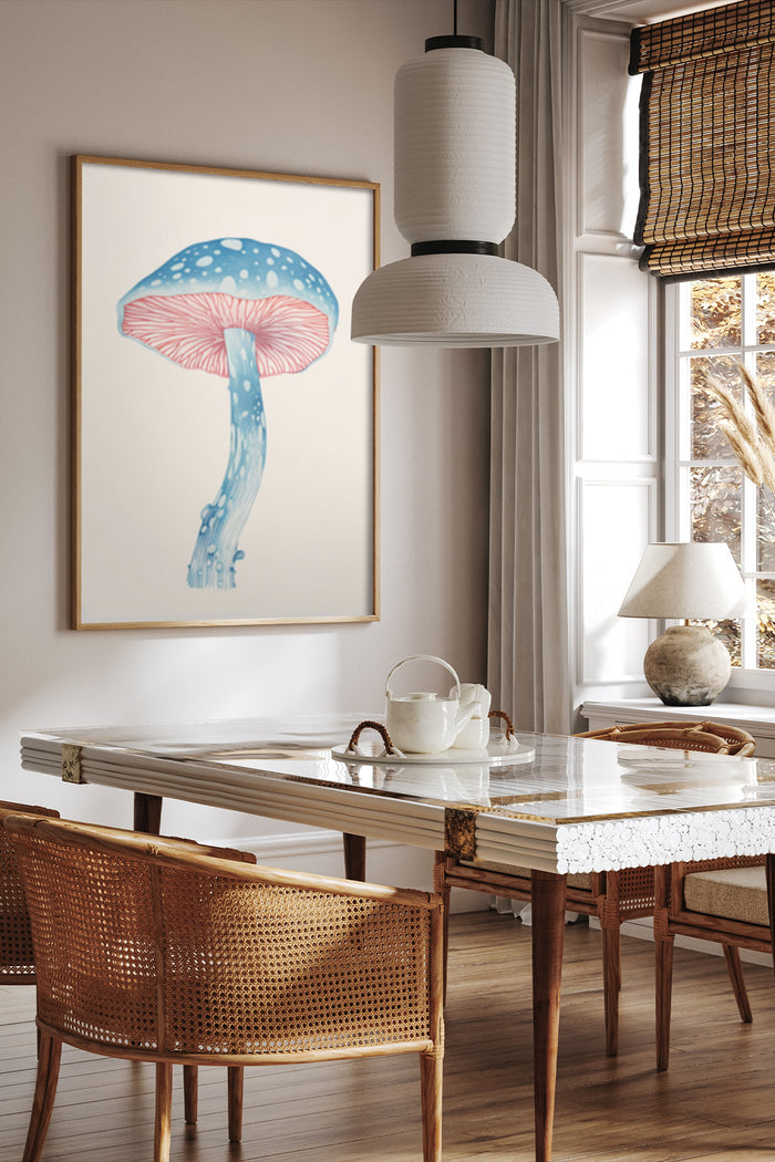 Modern home decor with illustrated blue mushroom poster in natural light dining room