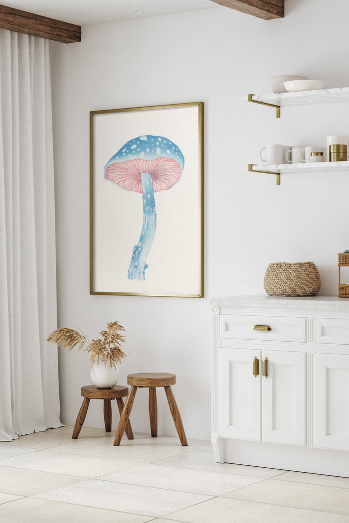 Modern interior with blue and pink mushroom illustration in gold frame on wall