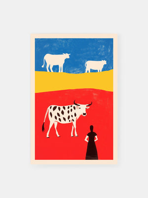 Blue Red Cows in Field Poster