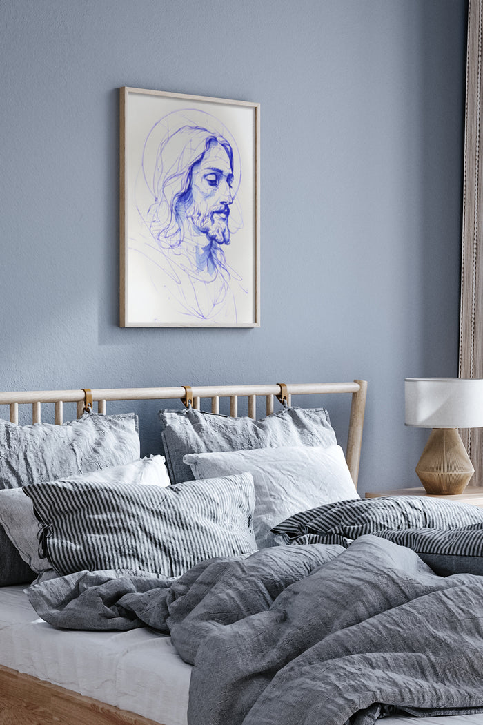 Sketch portrait artwork with blue lines displayed above bed in modern bedroom interior