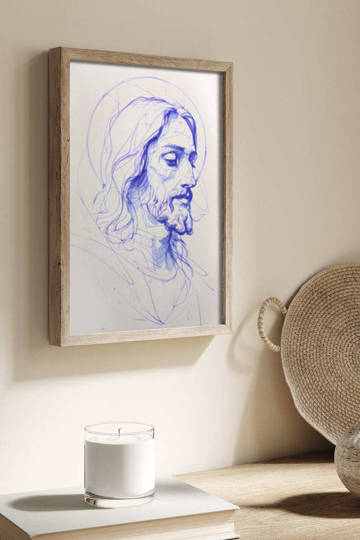 Interior decor showing a blue sketch portrait of a bearded man in a wooden frame on a wall