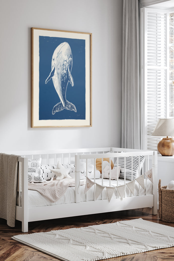 Nautical themed nursery with blue whale artwork poster above white crib