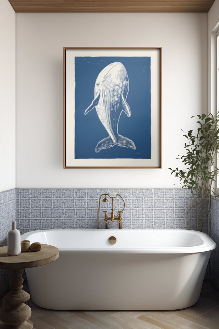 Stylish contemporary bathroom with blue whale artwork, elegant bathtub and decorative plants