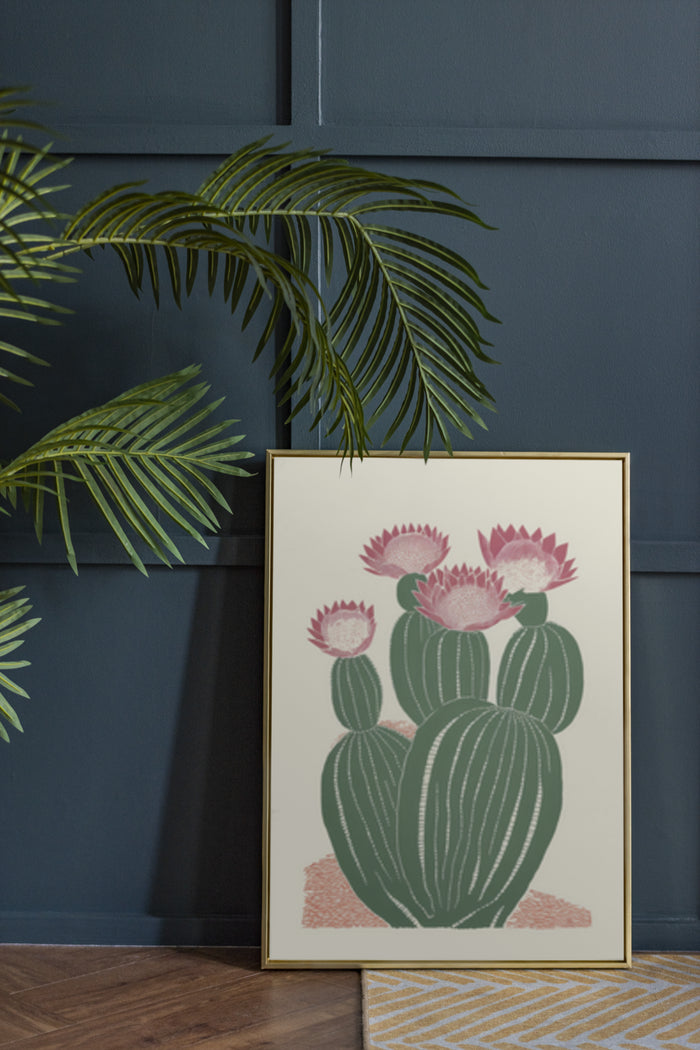 Stylish botanical artwork poster of a green cactus with pink flowers in a modern interior setting