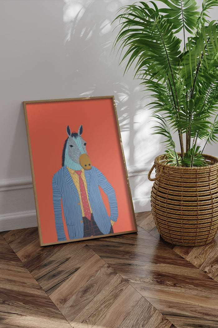 Illustration of a horse in suit framed poster in a contemporary room setting