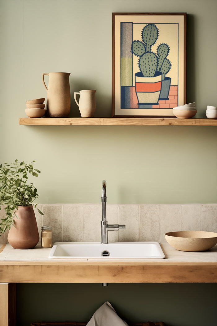 Modern kitchen with cactus artwork poster and pottery on wooden shelf
