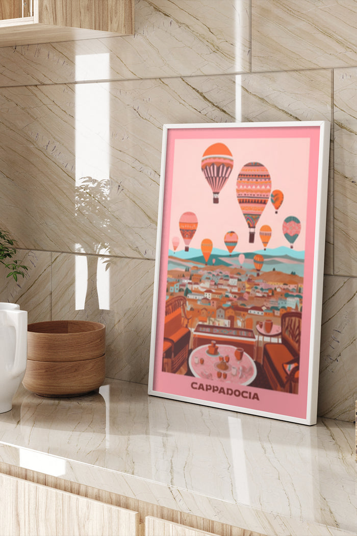 Cappadocia travel poster with colorful hot air balloons and scenic view artwork