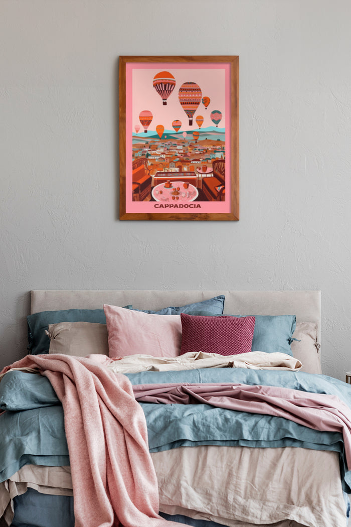 Cappadocia travel poster featuring hot air balloons and landscape, displayed in a cozy bedroom setting