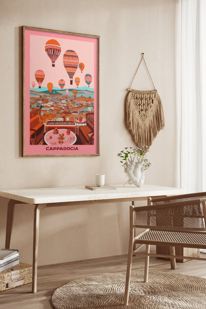 Cappadocia travel poster with colorful hot air balloons and landscape artwork