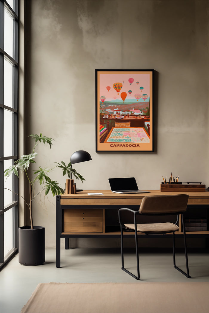Vintage travel poster of Cappadocia with hot air balloons and terracotta rooftops art in a modern office