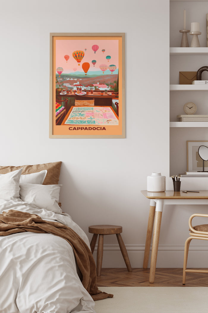 Cappadocia Travel Poster Artwork Featuring Hot Air Balloons Over Scenic Landscape Hanging in Bedroom