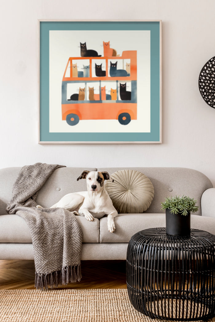 Illustrated cat bus poster on wall above couch with sitting dog in contemporary home interior