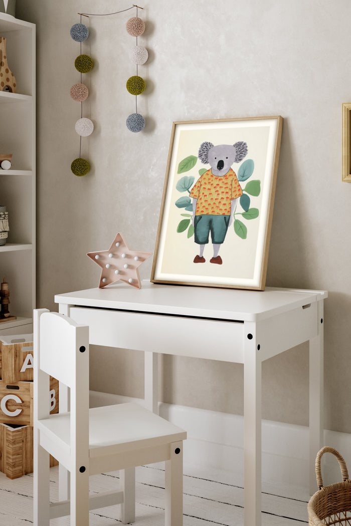 Illustrated cartoon koala in a patterned shirt and pants wall art poster in a kids room