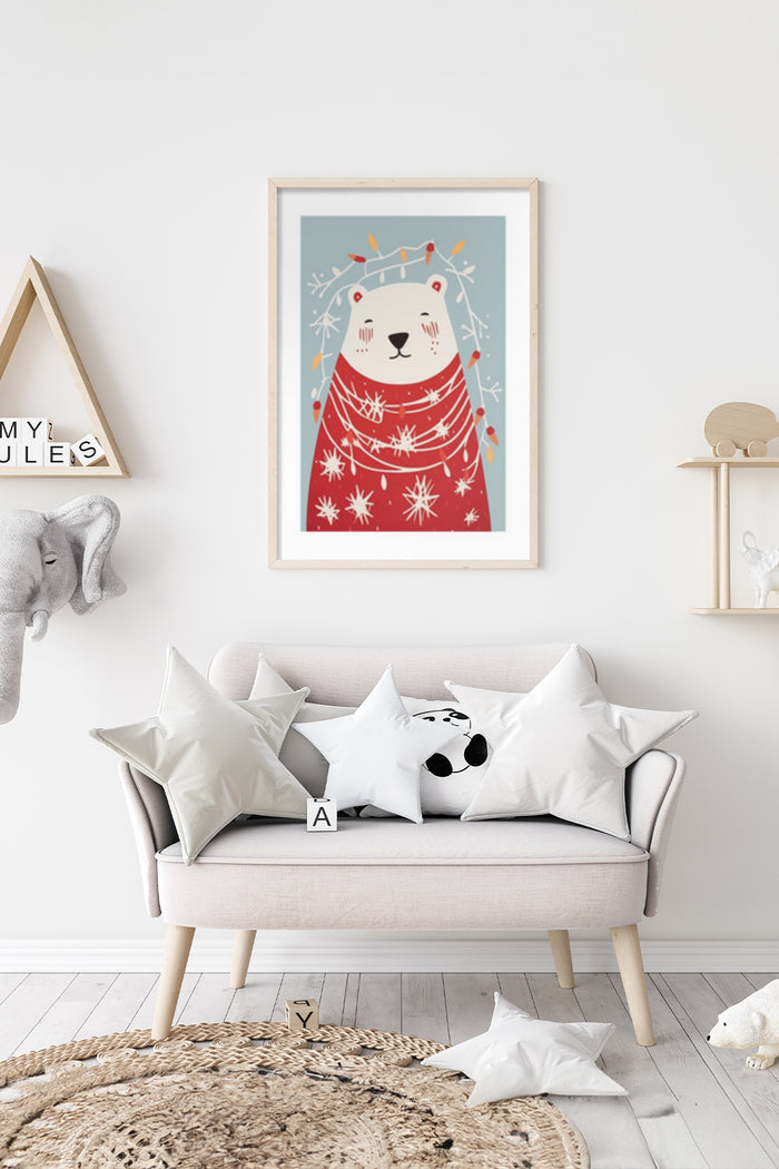 Cartoon Polar Bear with Christmas Lights and Sweater Wall Art Poster in Stylish Living Room