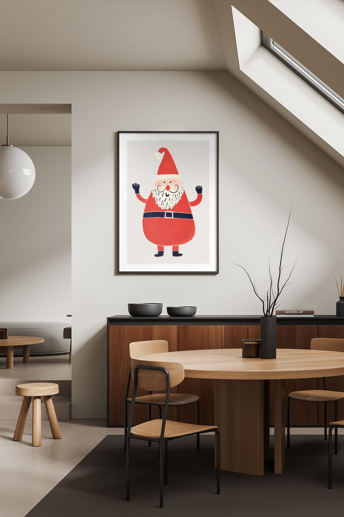 Cartoon Santa Claus poster framed on wall in contemporary dining room