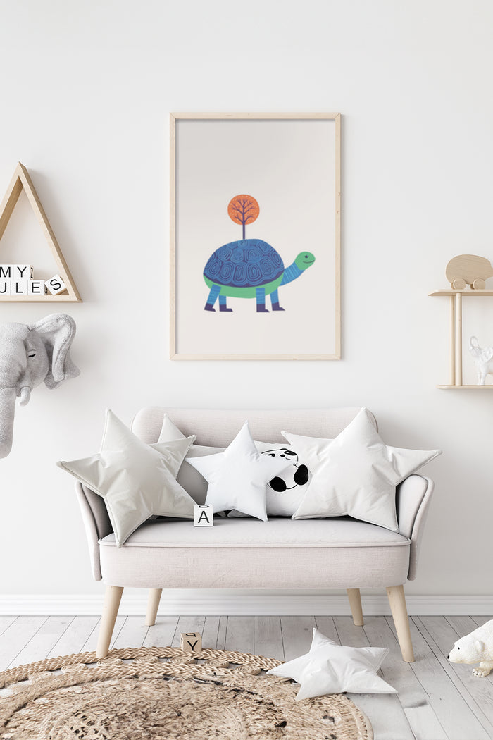 Colorful cartoon turtle with a tree growing from its shell poster, displayed in a stylish nursery room