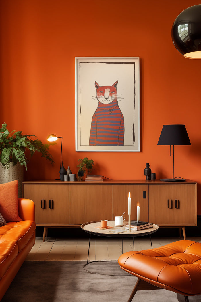 Graphic poster of a cat in a striped sweater in a stylish living room with orange decor