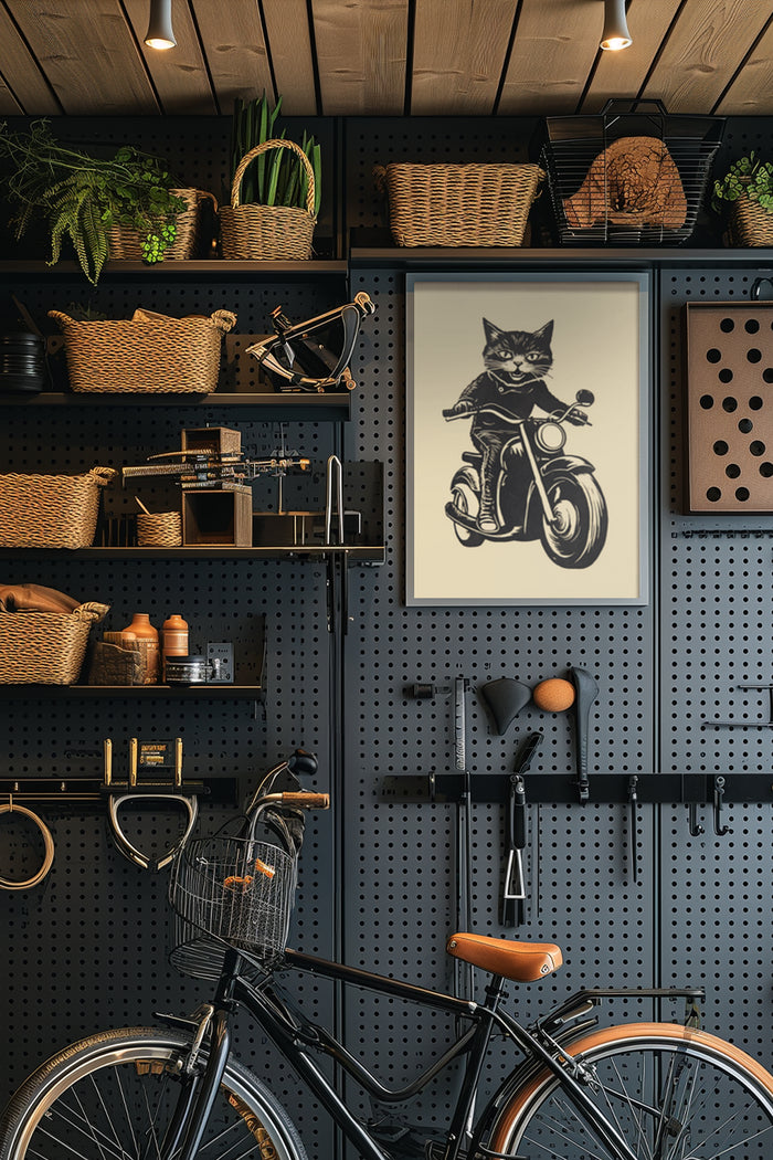 Stylish cat riding motorcycle poster art in a contemporary room with bicycle and storage shelves