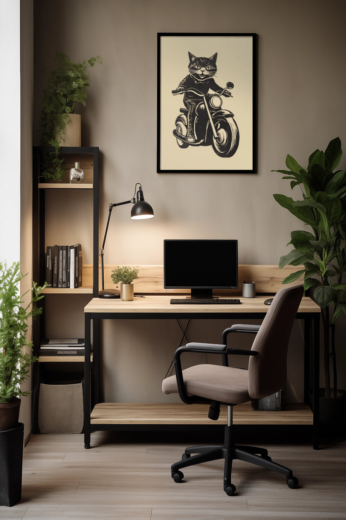 Vintage inspired poster of a cat riding a motorcycle in a stylish home office setting