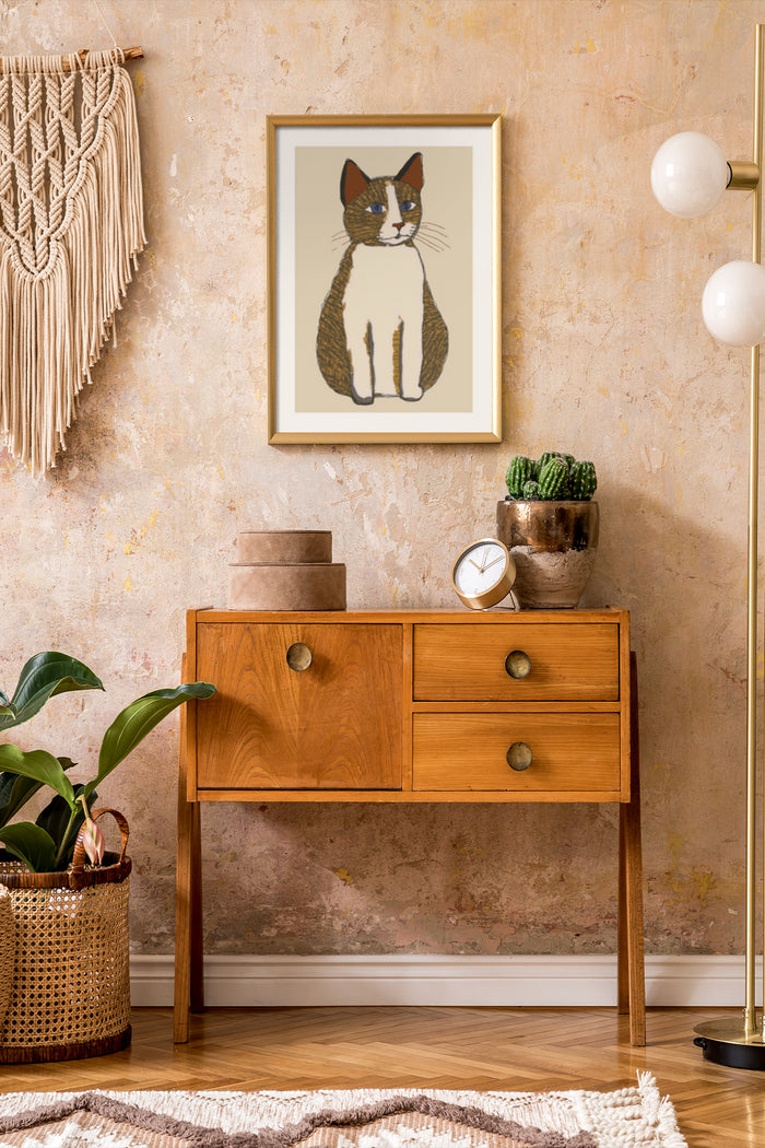 Stylish framed poster of a cat portrait in a cozy home interior setting with decorative elements