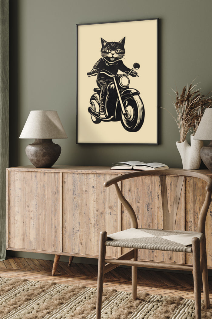 Vintage noir style poster of a cat riding a motorcycle, wall art