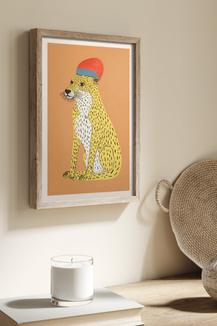 Illustrated Art Poster of a Cheetah Wearing a Red Hat