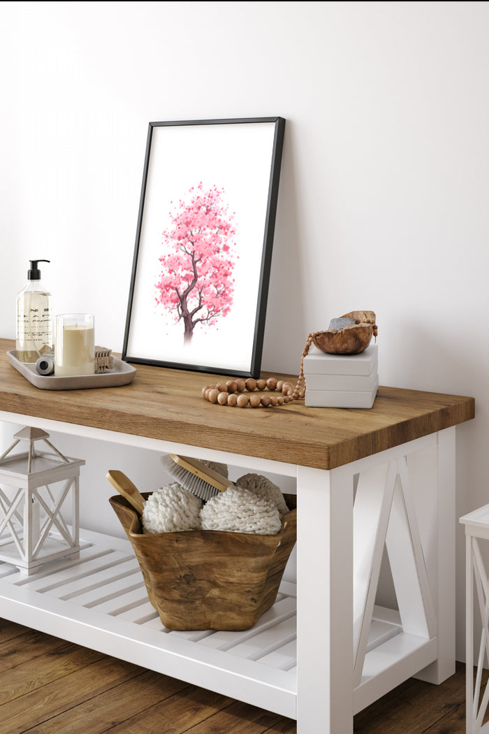 Cherry Blossom Tree Artwork Displayed on Wooden Console Table in Contemporary Home Decor Setting