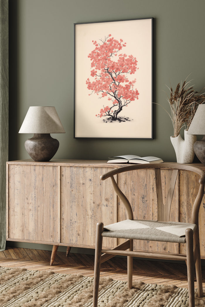 Elegant cherry blossom tree artwork displayed above a wooden sideboard in a contemporary living room setting