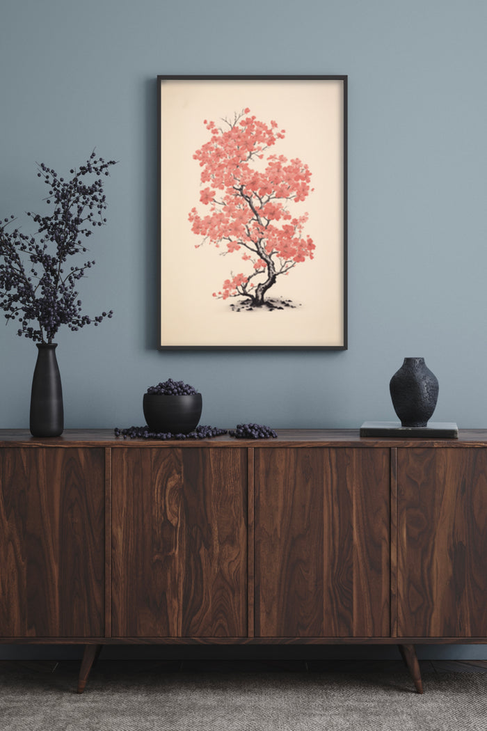 Elegant cherry blossom tree artwork poster in a modern interior design setting