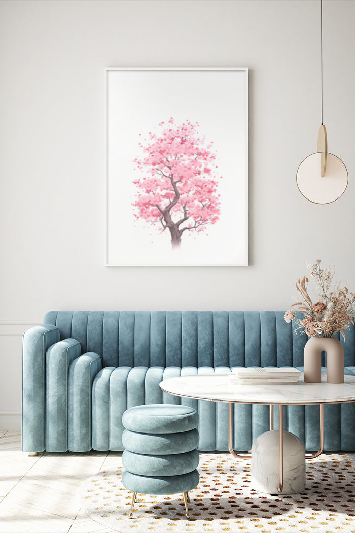 Elegant cherry blossom tree artwork poster in modern living room interior