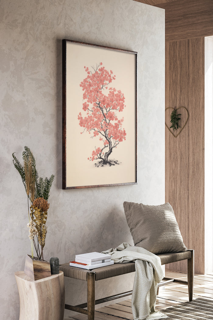 Pink cherry blossom tree artwork in a contemporary living room setting
