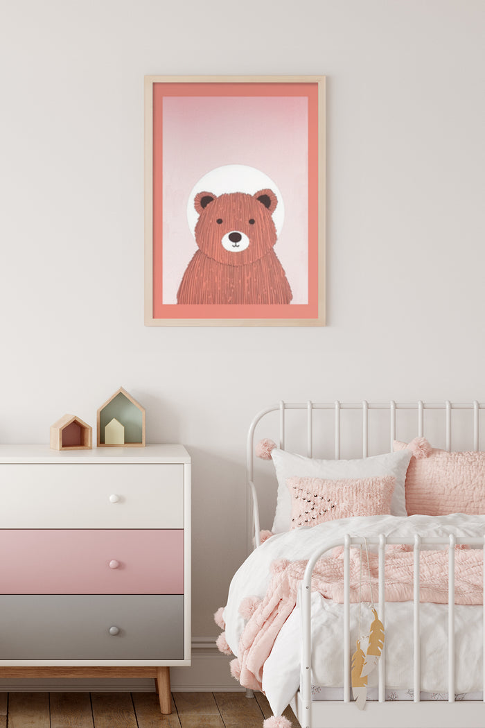 Cute brown bear illustration poster in a child's bedroom setting