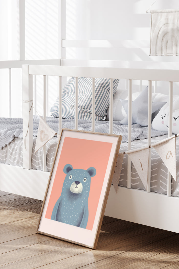 Cute cartoon bear illustration in peach background for children's room decor