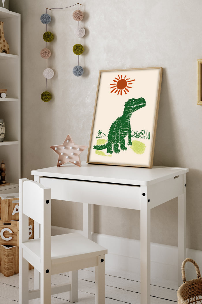 Kids' Dinosaur Poster with Sun Illustration in a Modern Nursery Interior