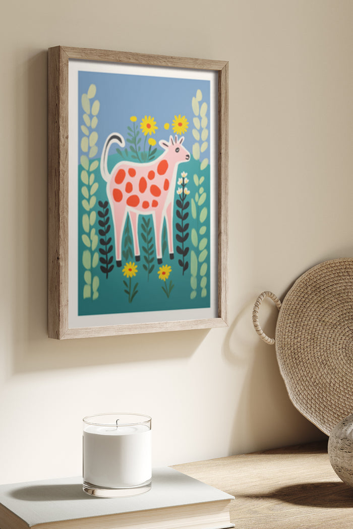Children's artwork of a stylized deer with spots among flowers and plants in a wooden frame on a wall