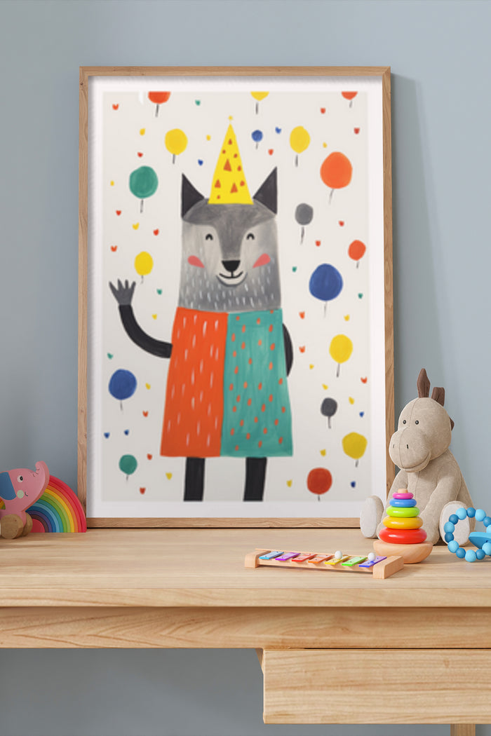 Whimsical children's room decor with a playful wolf wearing a party hat surrounded by colorful balloons poster art