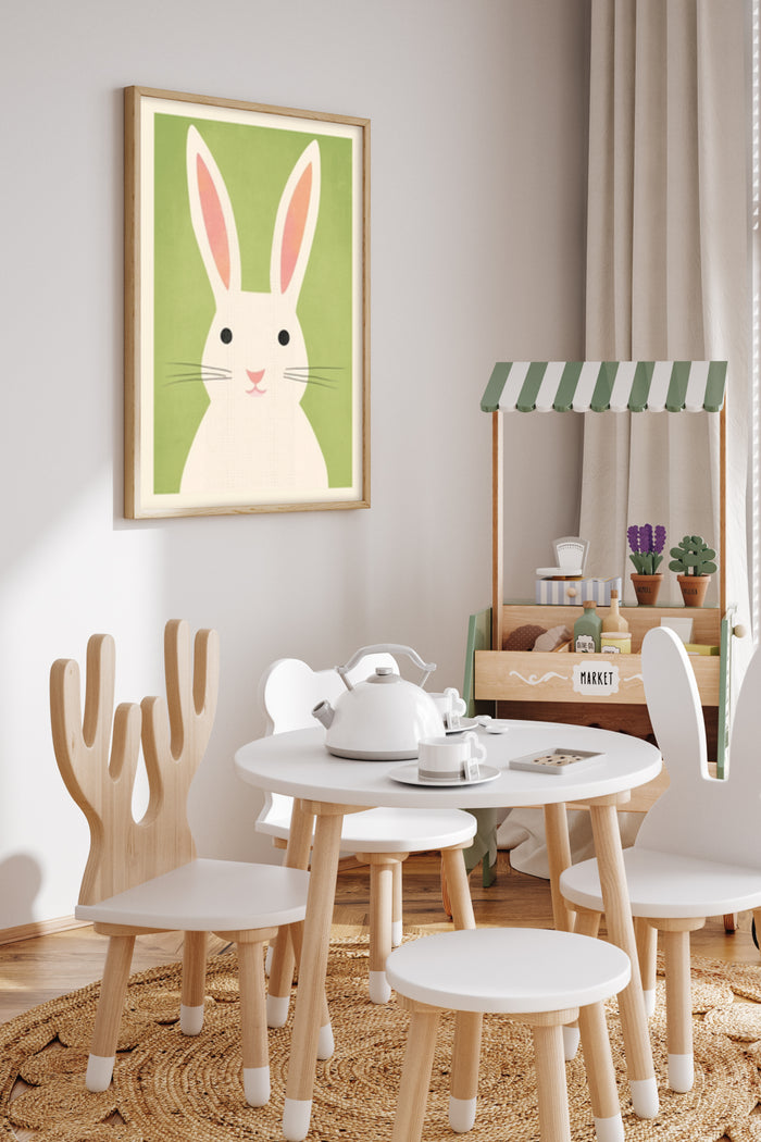 Bright and cheerful children's playroom interior with bunny poster on the wall, wooden play furniture and toys