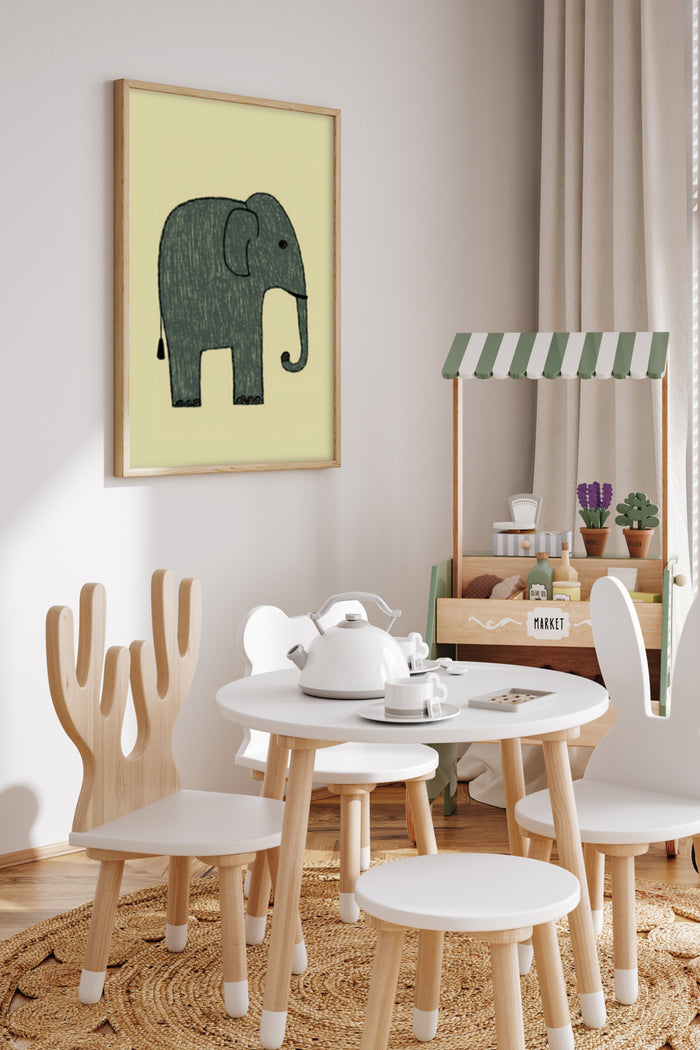 Stylish children's playroom interior with a framed elephant artwork on wall
