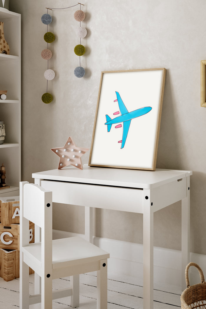 Blue airplane poster art in a children's room decor setting