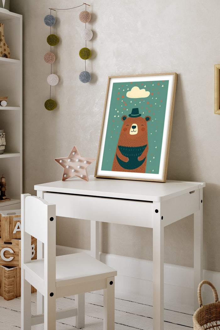Cute illustrated bear wearing a blue hat artwork poster in children's room