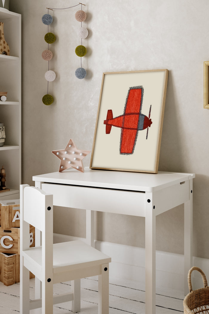 Child's room decor with framed poster of a red airplane drawing on white desk