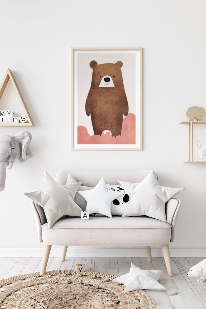 Minimalist children's room with bear poster art on wall, cozy interior design