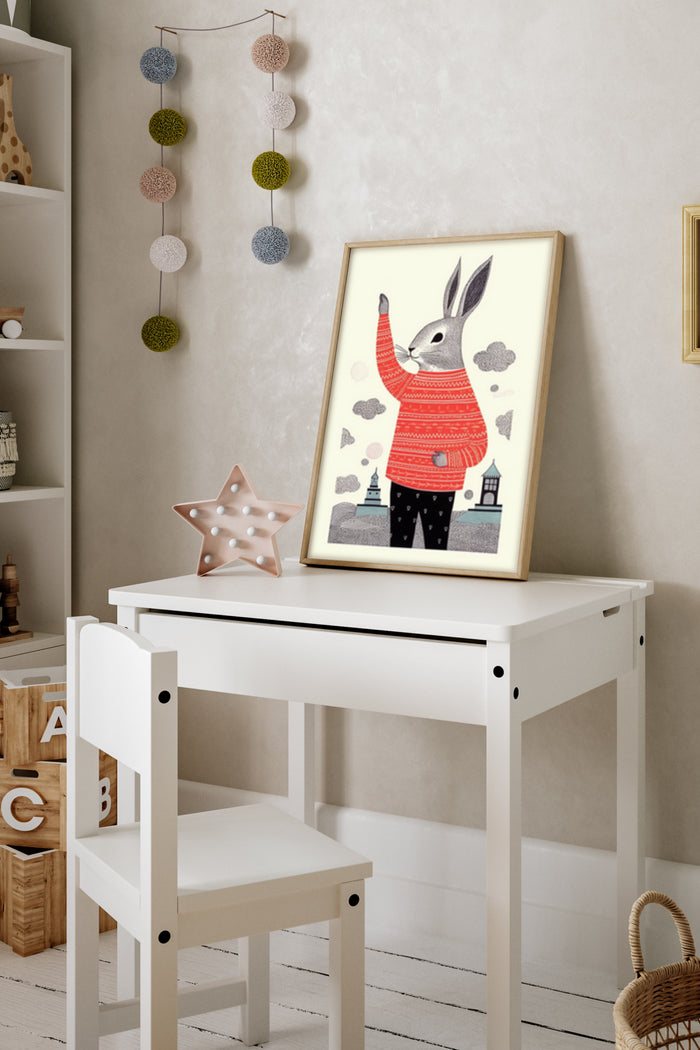 Children's room decor with a framed poster of a rabbit in a red sweater