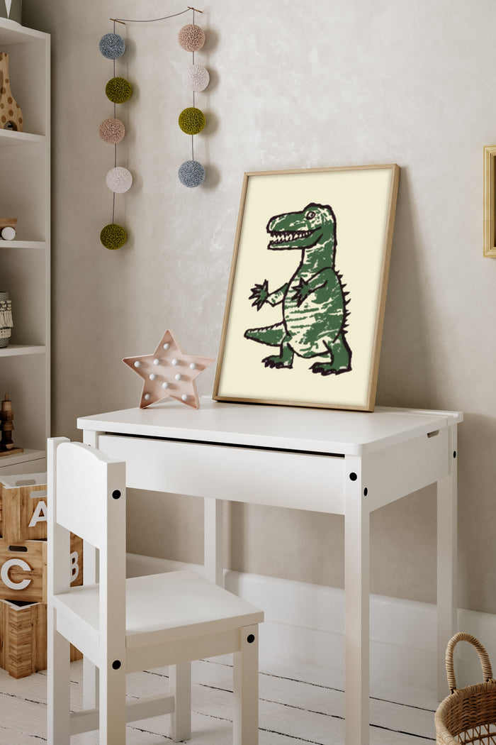 Children's room with a framed dinosaur illustration poster on the wall
